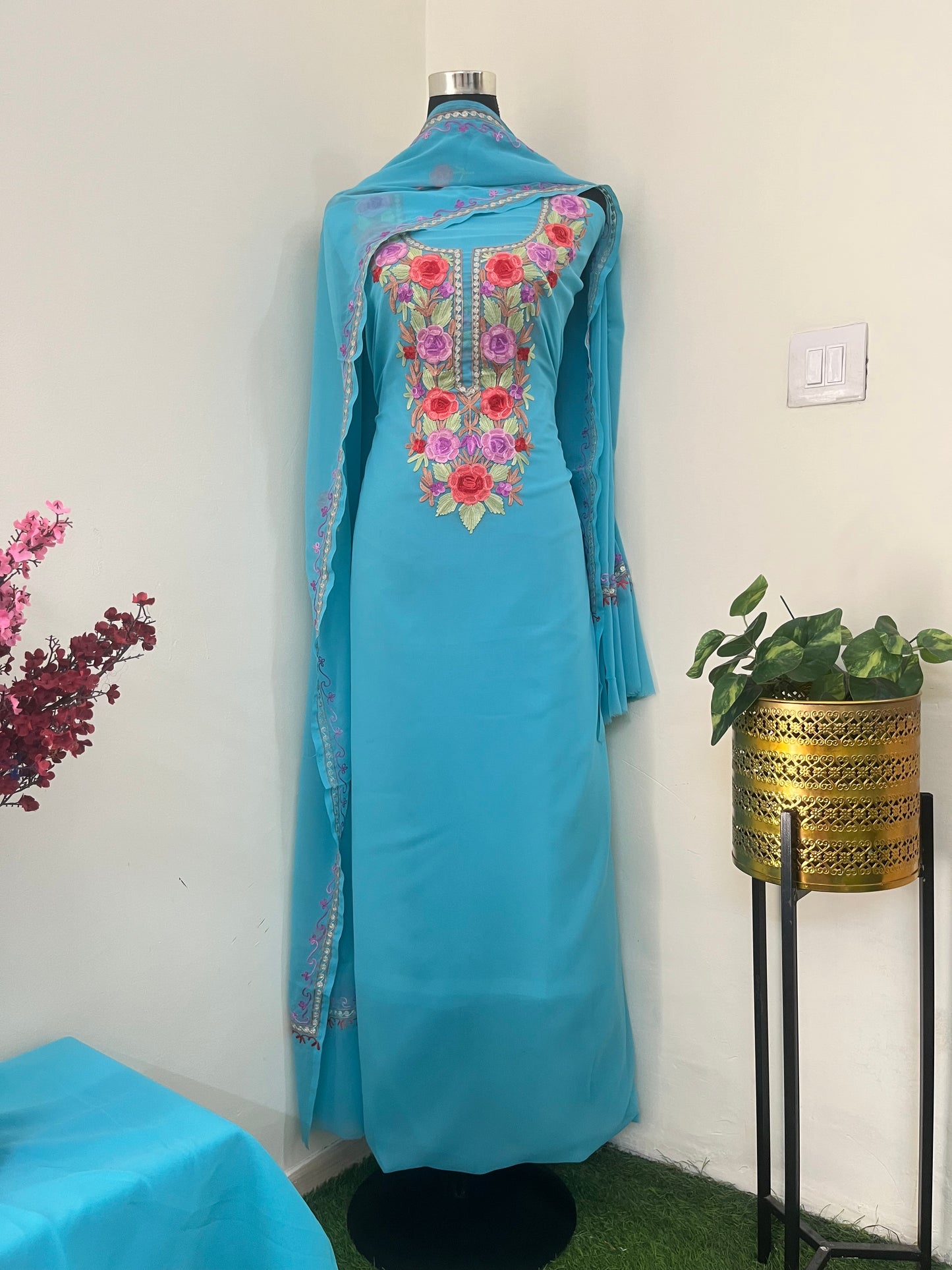 Firozi Blue Georgette 3pc Aari Embroidered Suit