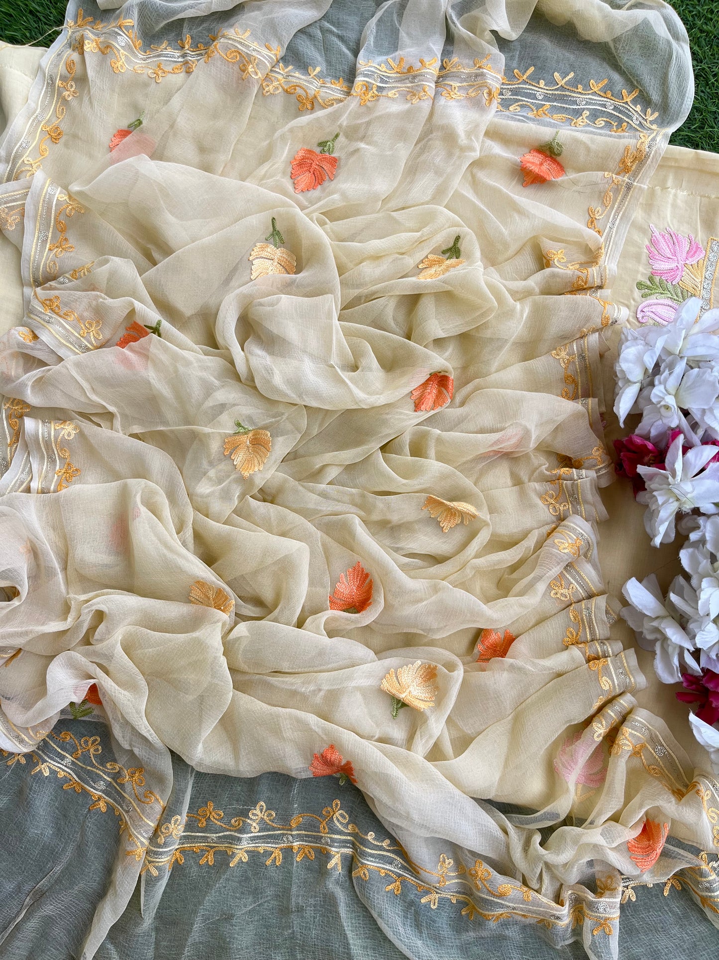 Beige Muslin Cotton Jaal Sleeves Kashmiri 3pc Suit