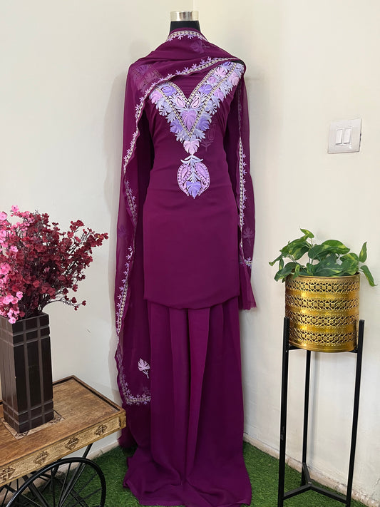Wine Georgette 3 Pc Aari Embroidered Suit Set