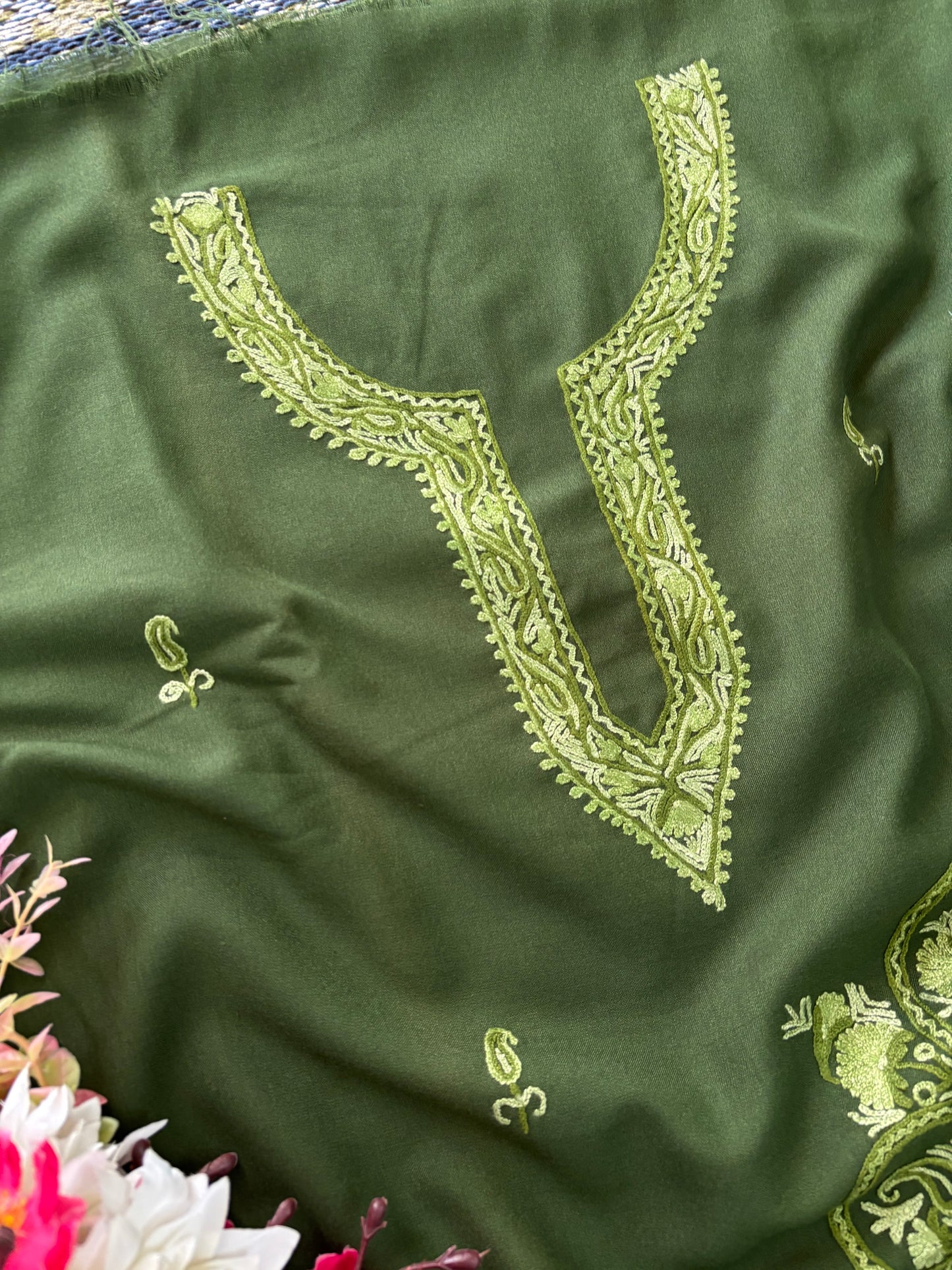Cotton Green Two Piece Set (Hand Embroidered)