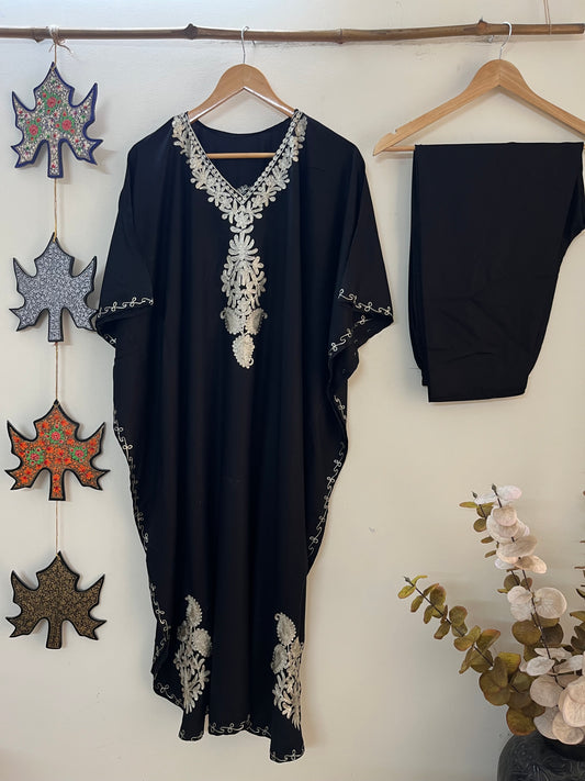 Black Rayon Cotton Kashmiri Tilla Kaftan