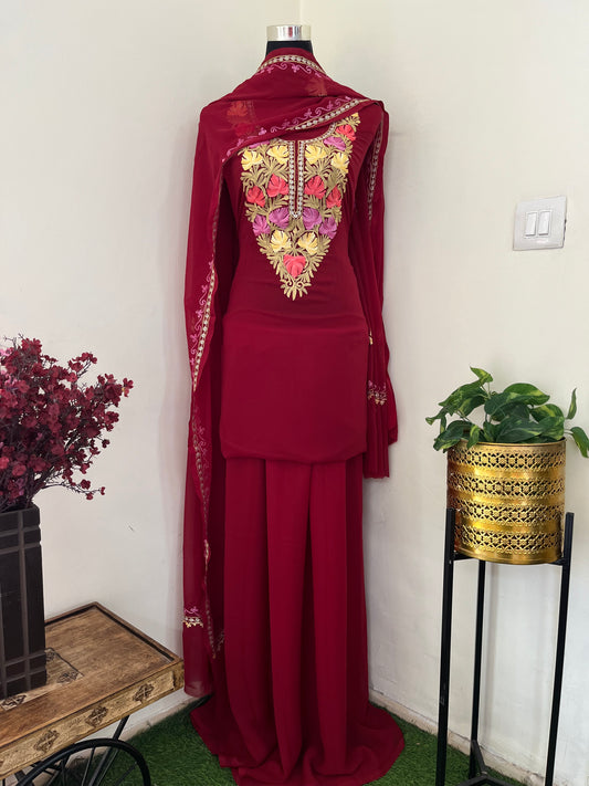 Maroon Georgette 3 Pc Aari Embroidered Suit Set