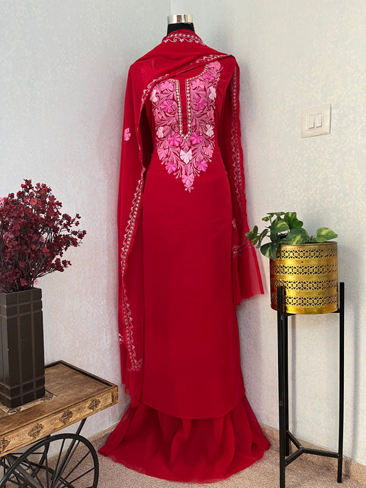 Red Georgette 3 Pc Aari Embroidered Suit Set