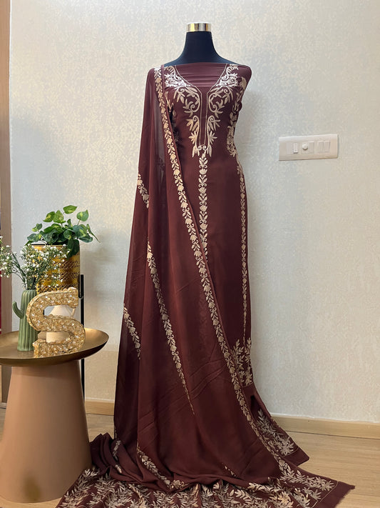 Brown Pure Georgette Oxidised Tilla Kashmiri Suit