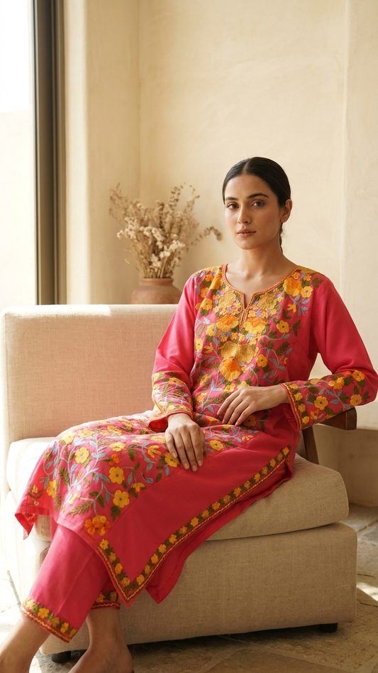 Pink Cotton Front Jaal Pheran Set Size (48)