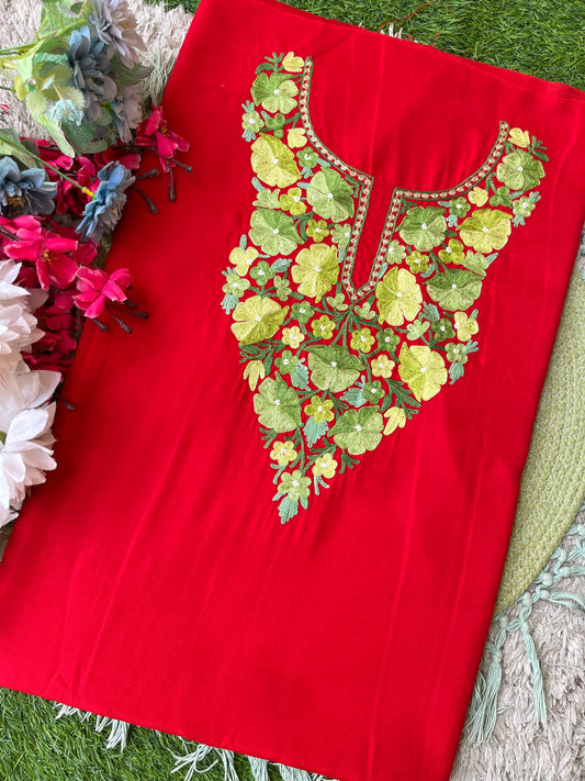 Red Aari Embroidered Cotton Suit Set