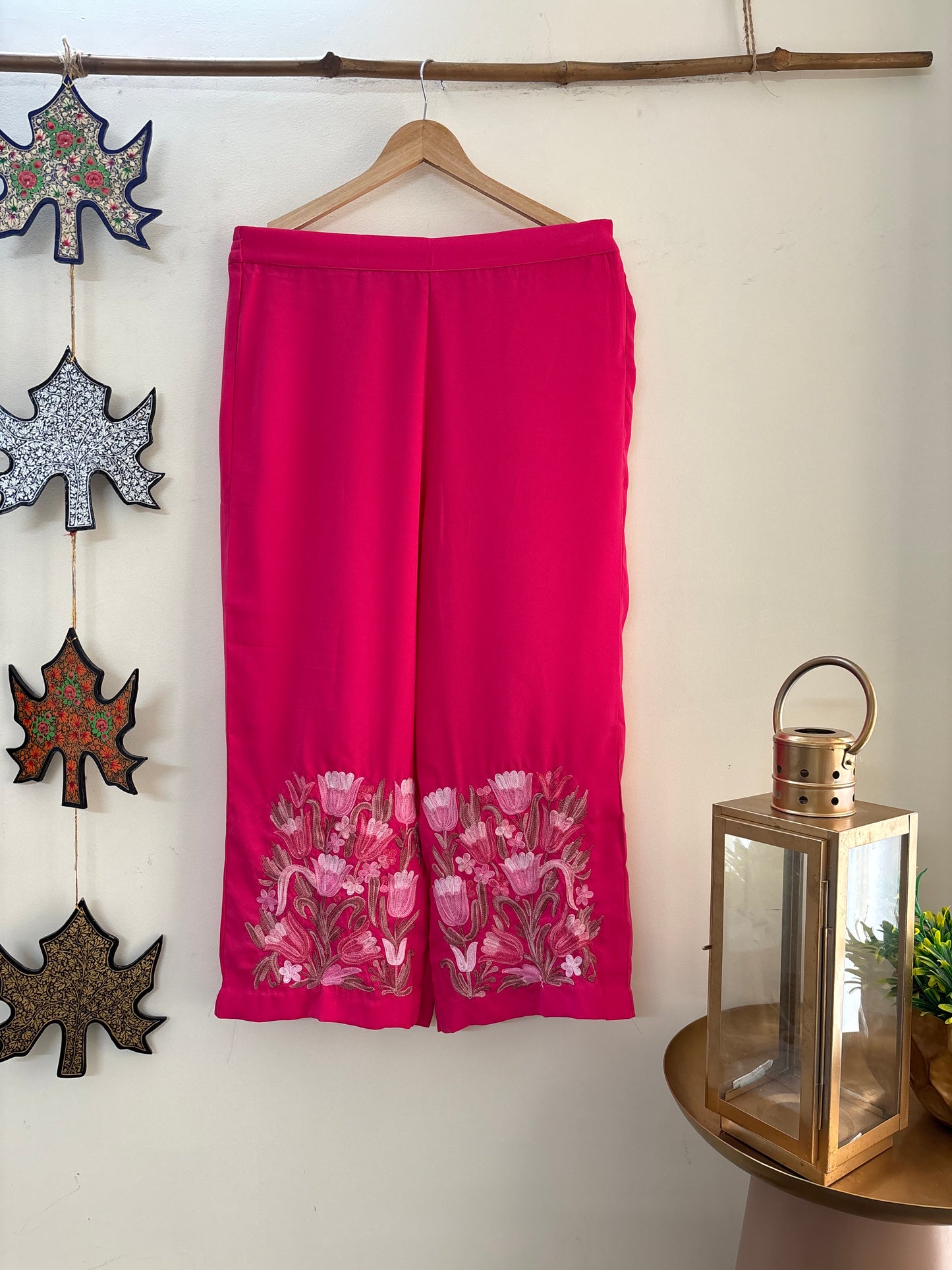 Women Pink Solid Flared Aari Embroidered Palazzos (32)