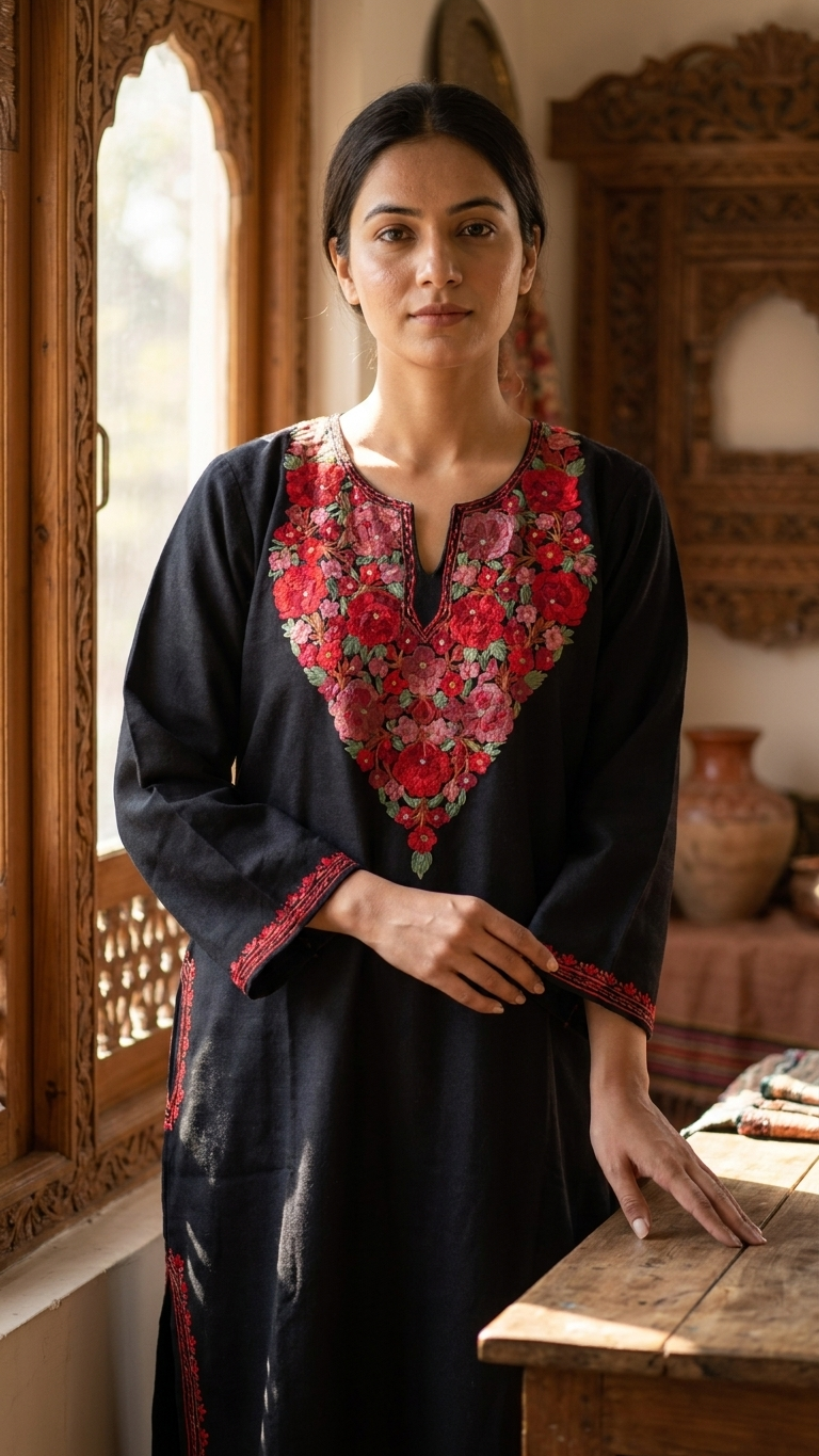 Black Aari Embroidered Wool Pheran