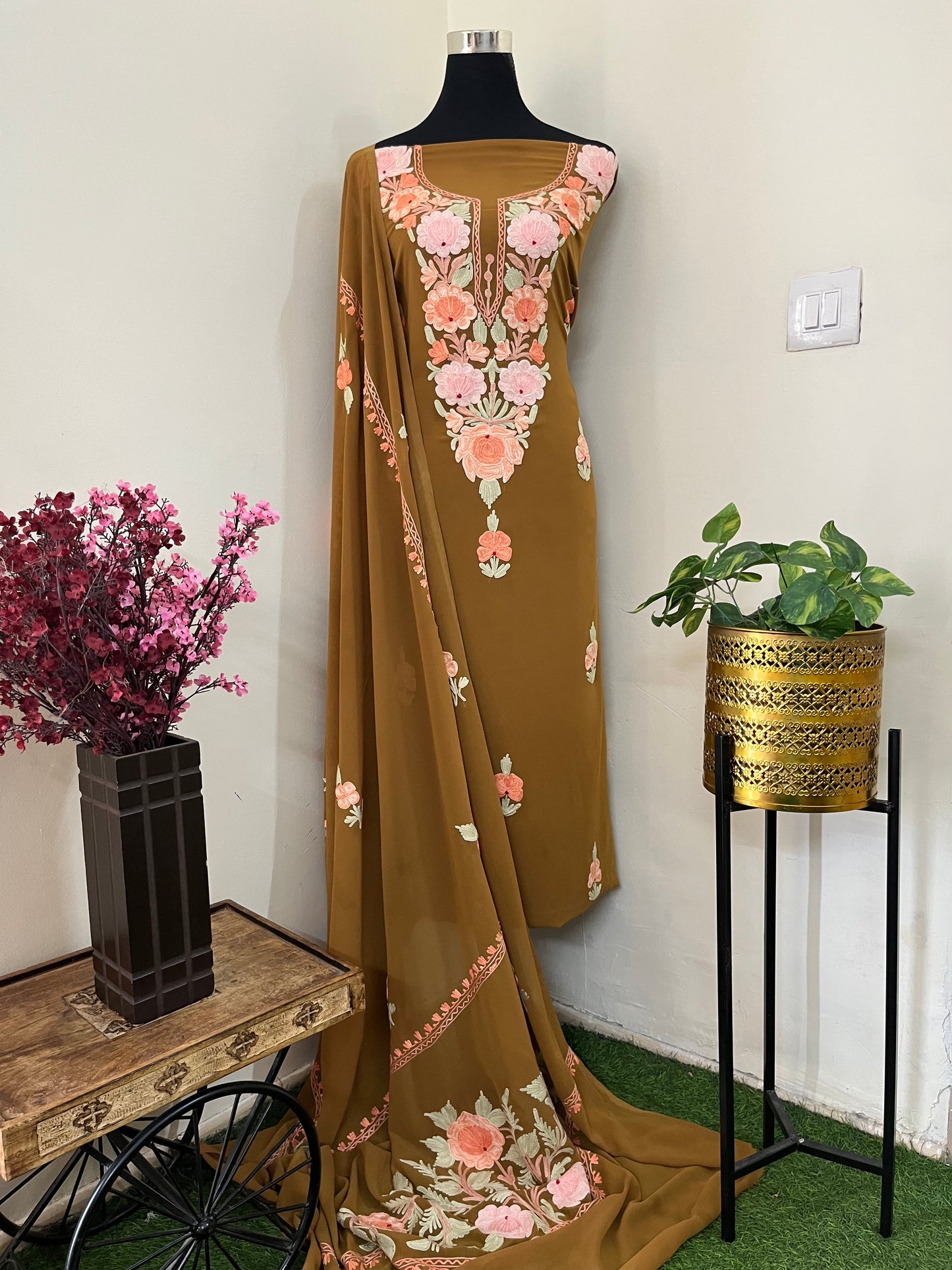 Coffee Brown Georgette 3 Pc Aari Embroidered Suit