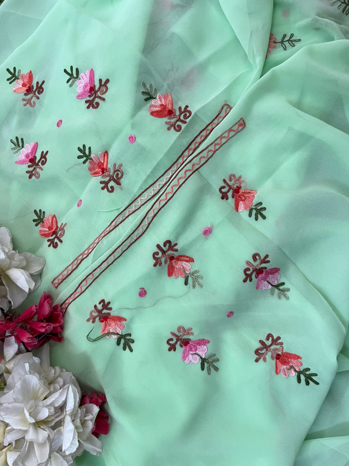 Tea Green Georgette Kashmiri Kurta Material