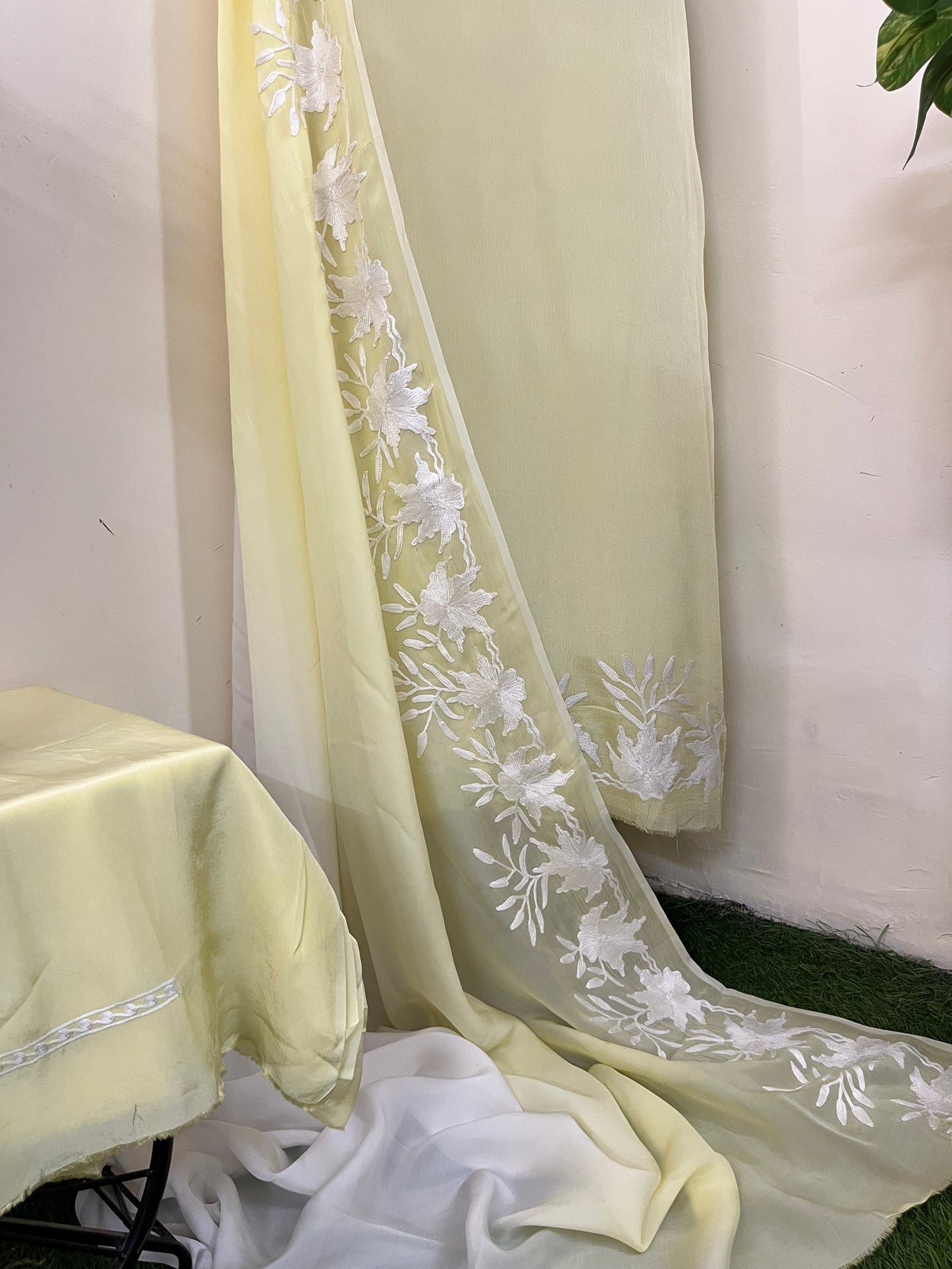 Lemon Yellow Chinon 3 Pc Aari Embroidered Suit