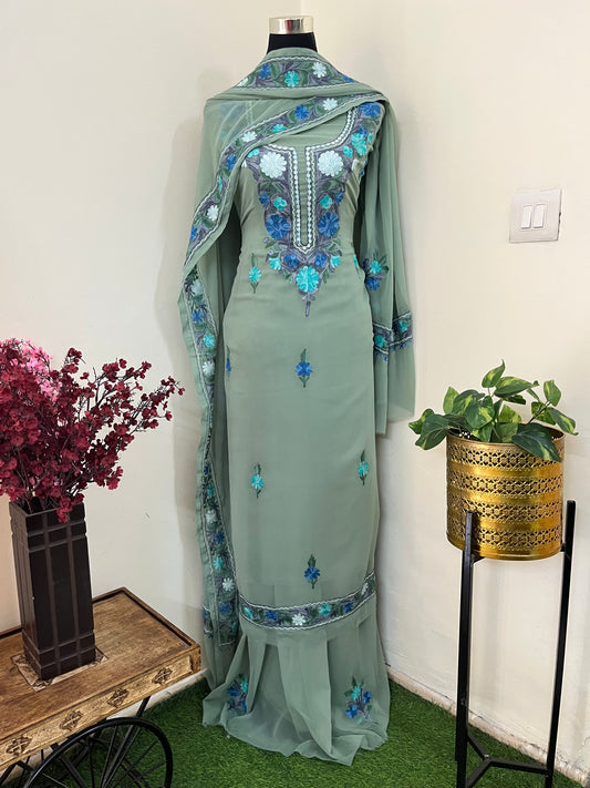 Tea Green Georgette 3 Pc Aari Embroidered Suit Set