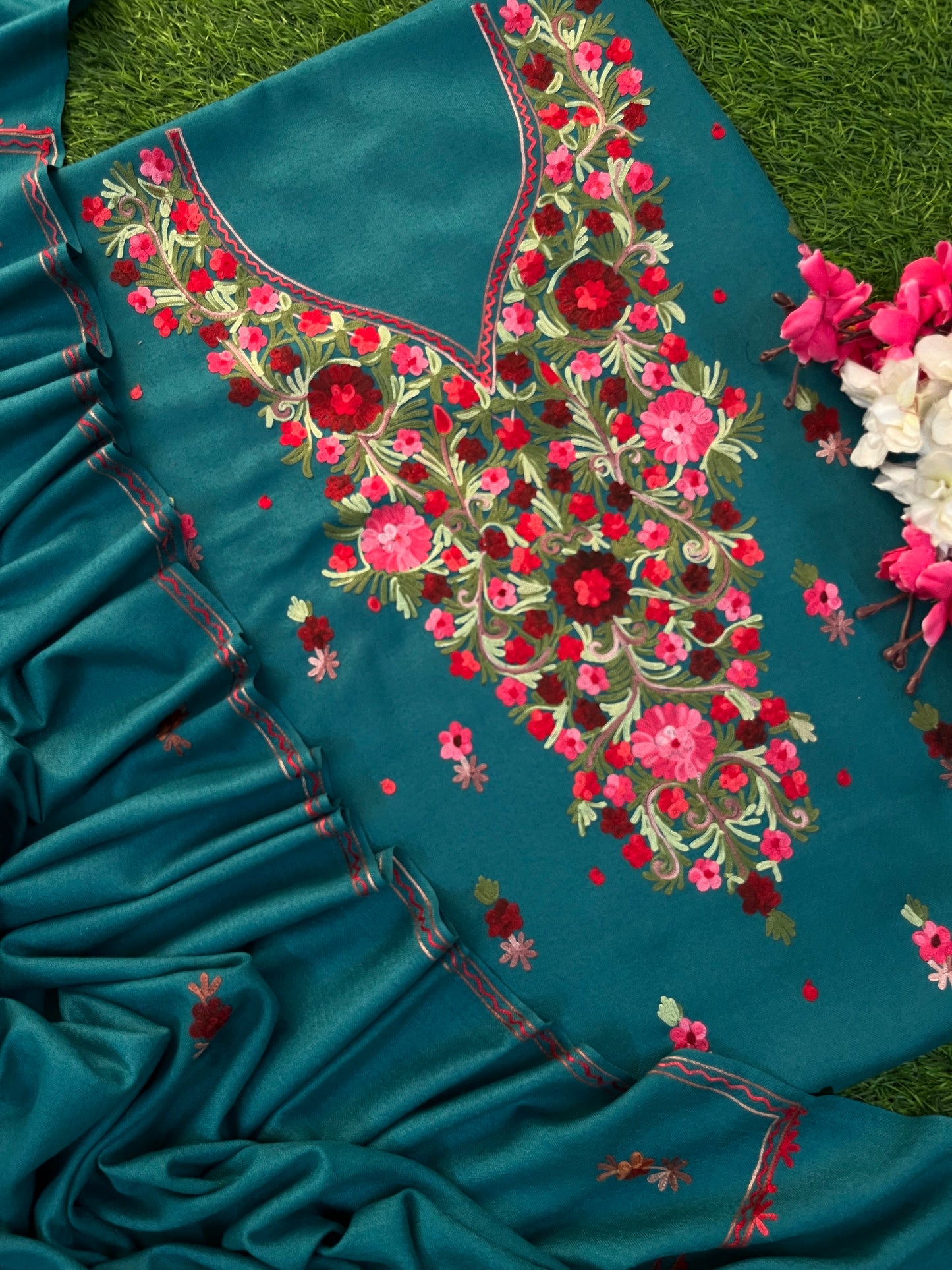 Teal Green Woollen Aari Embroidered 3pc suit