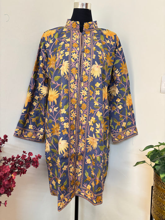 English Blue Aari Embroidered Pure Wool Jacket XL