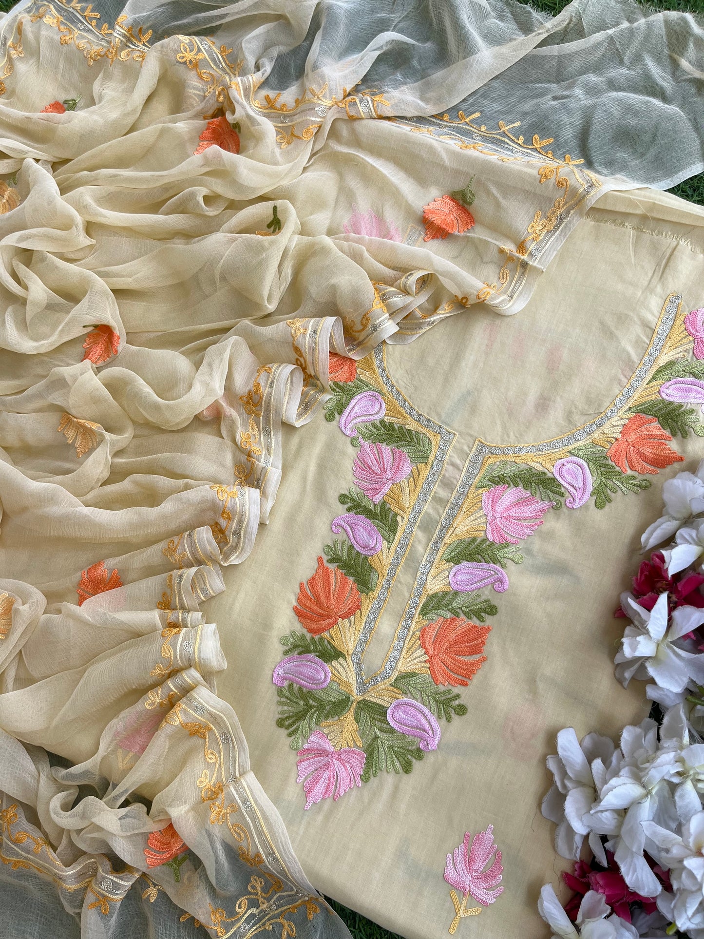 Beige Muslin Cotton Jaal Sleeves Kashmiri 3pc Suit