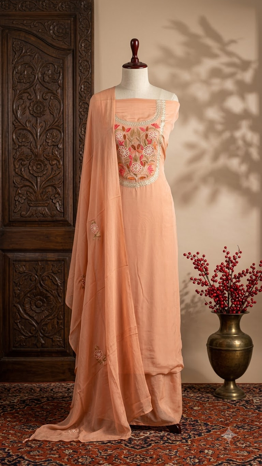 Soft Peach Kalaaโ Crape Kashmiri Suit