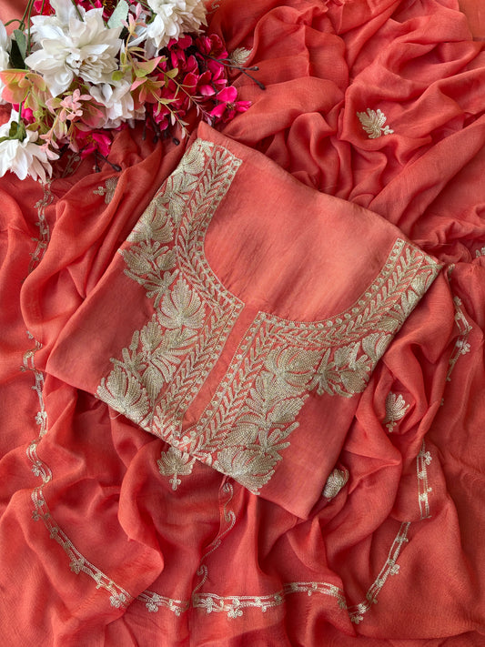 Peach Pink Silk Tilla Kashmiri Suit