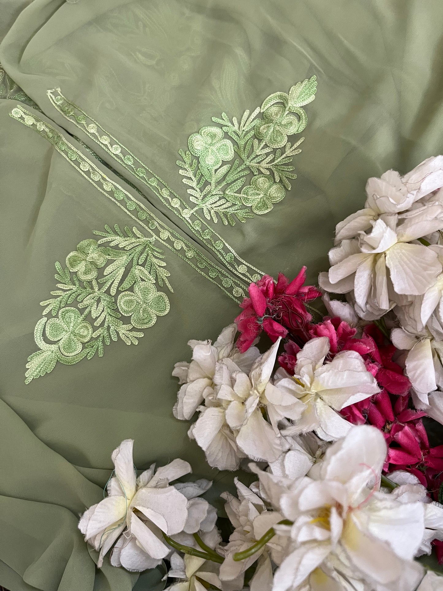 Tea green Georgette 3 Pc Aari Embroidered Suit Set