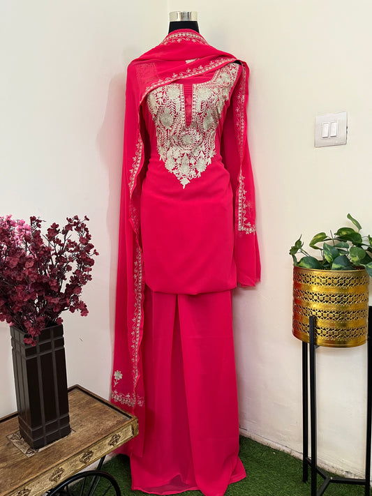 Dark pink Georgette 3pc Kashmiri Tilla Suit