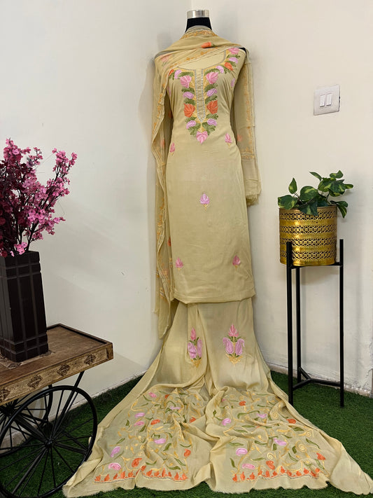 Beige Muslin Cotton Jaal Sleeves Kashmiri 3pc Suit