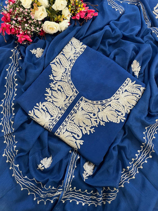 Electric Blue Silk Tilla Kashmiri Suit