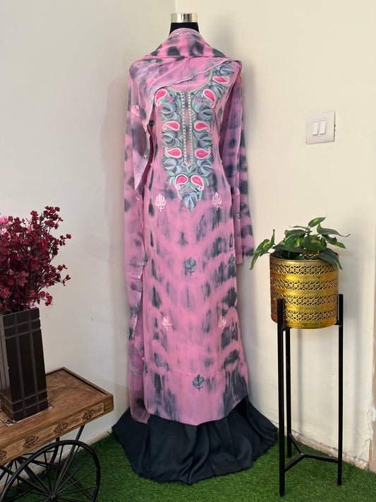 Rose Pink Pure Georgette Ty Dy Kashmiri Suit