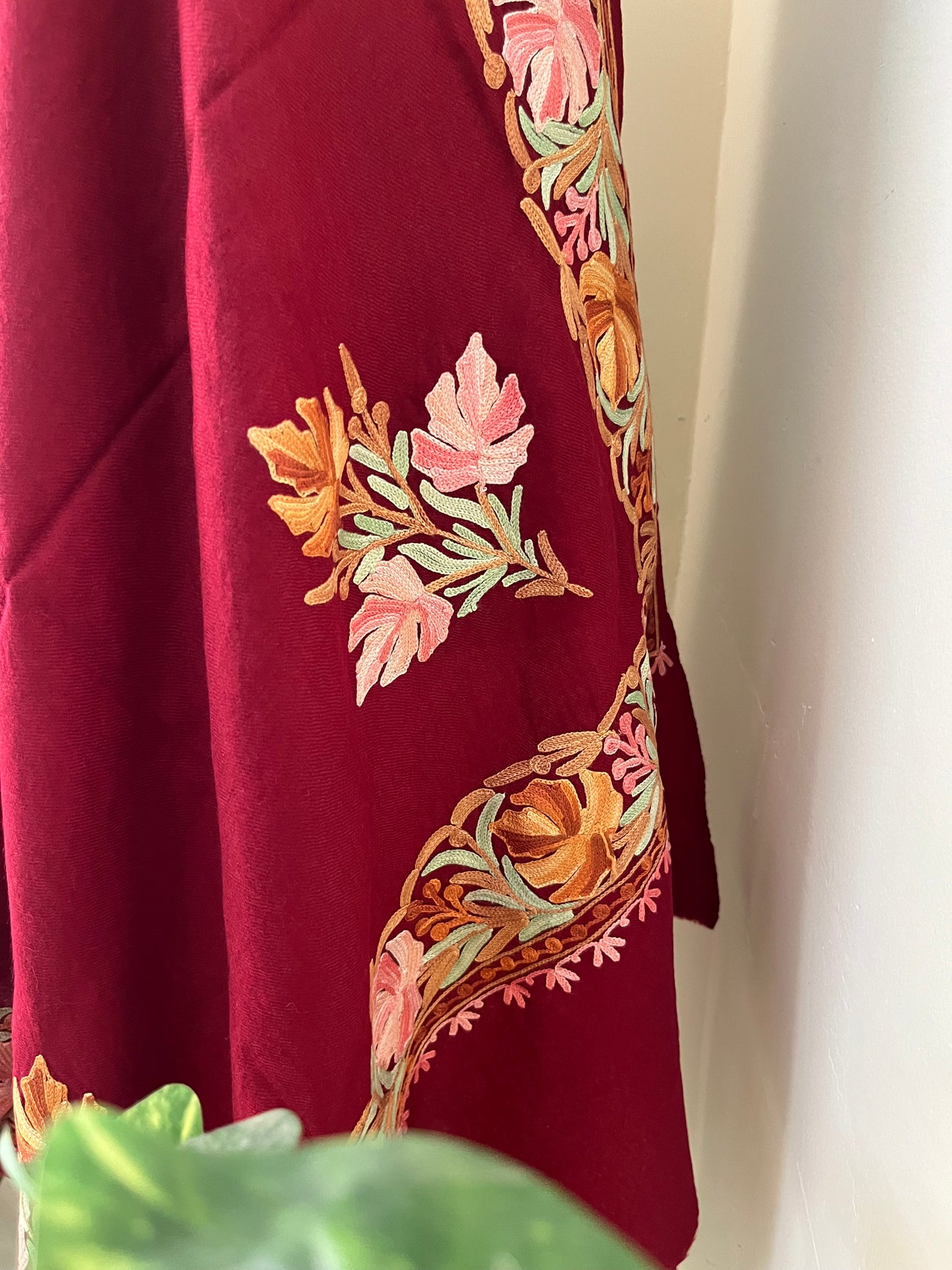 Maroon Fine Semi Pashmina Aari Embroidered stole