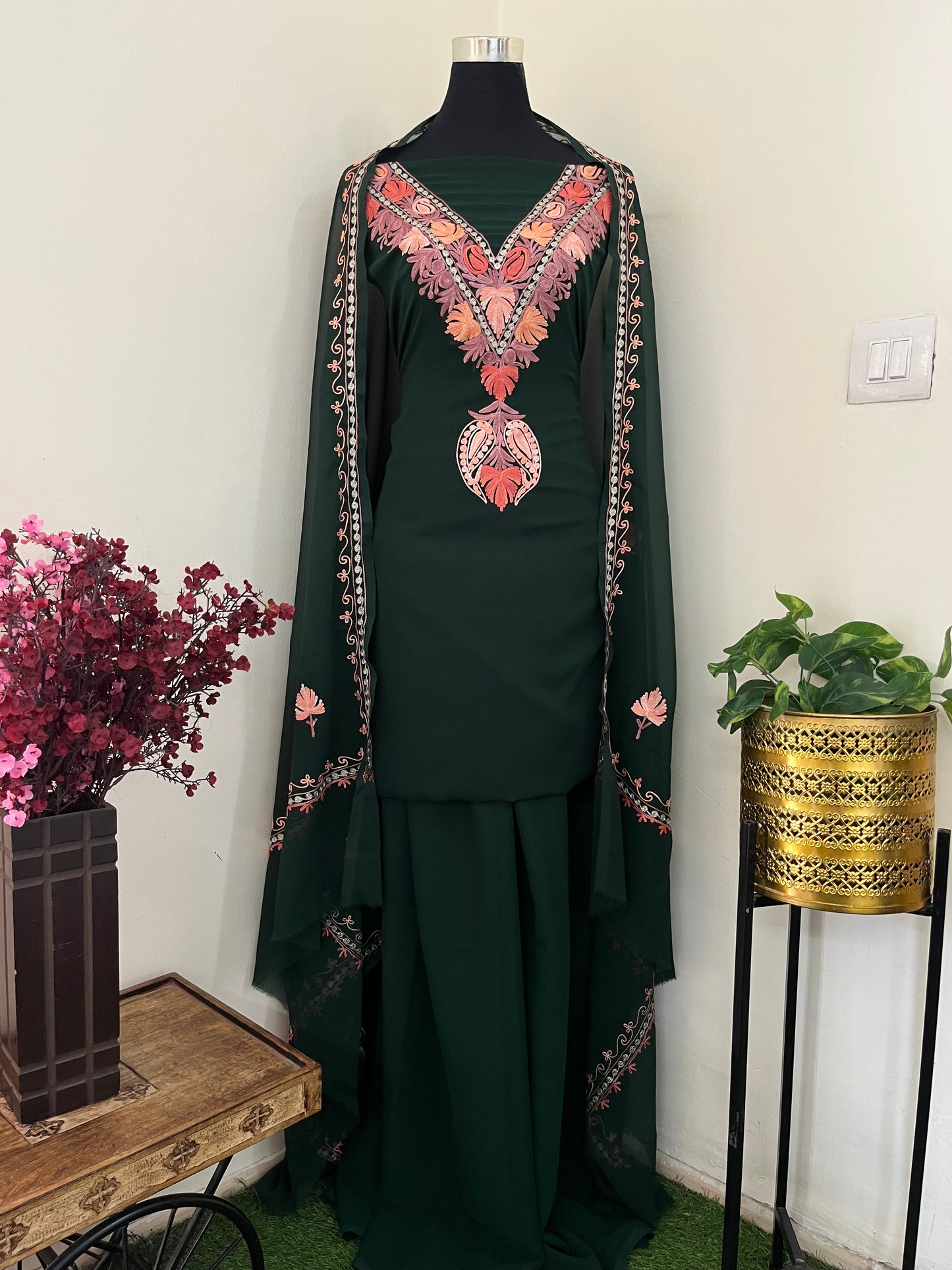 Bottle Green Georgette 3 Pc Aari Embroidered Suit Set