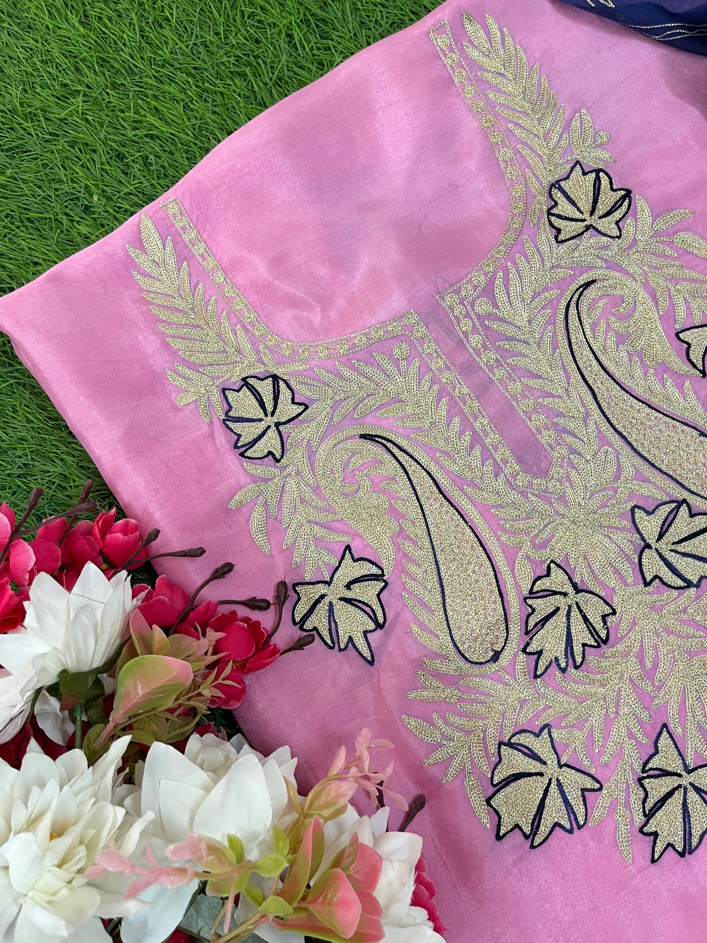 Pink Silk Aari Tilla Fusion Suit