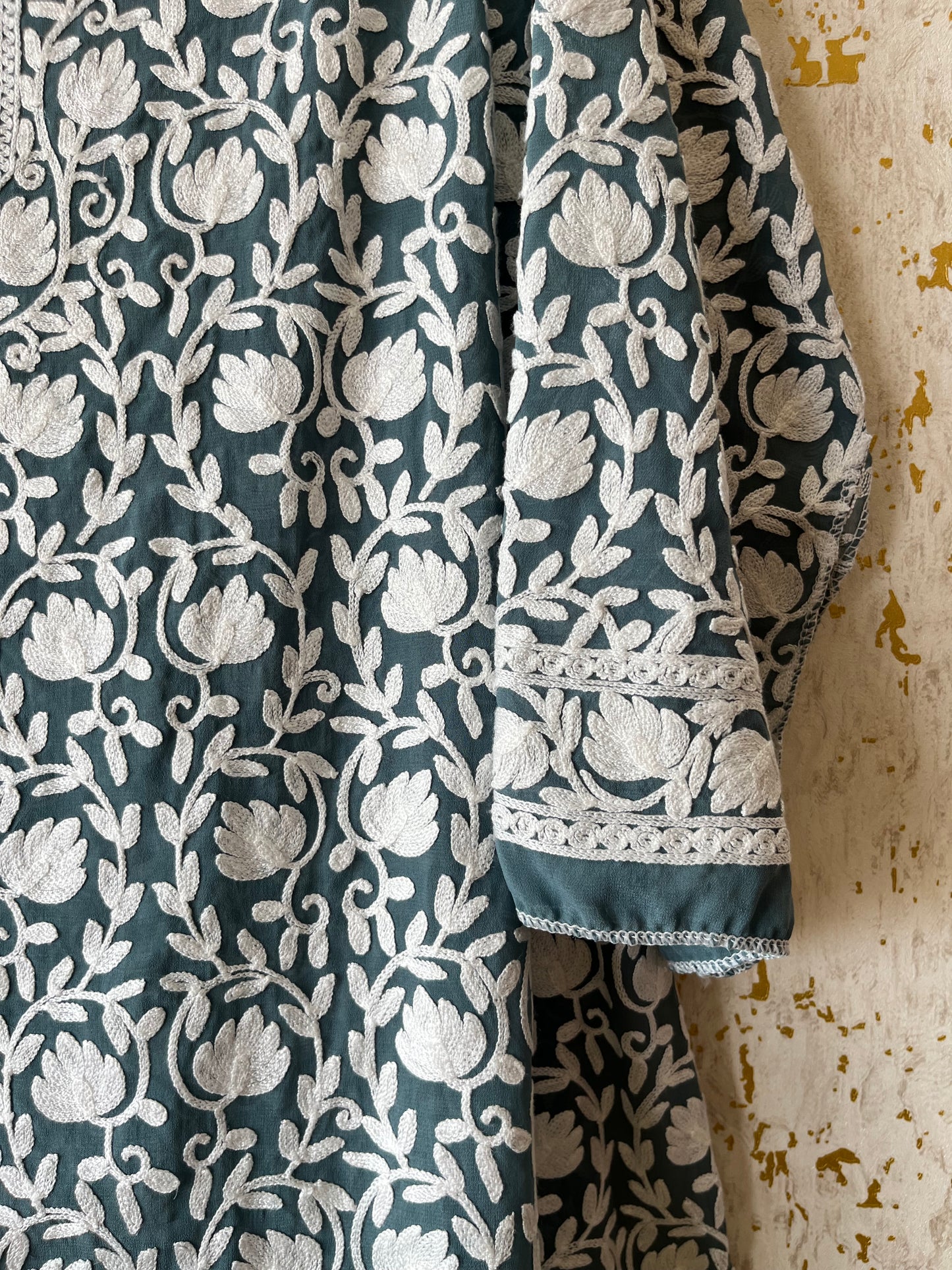 Sapphire Blue Georgette Jaal Work (Front & Back) Aari Embroidered Semi Stitched Kurta