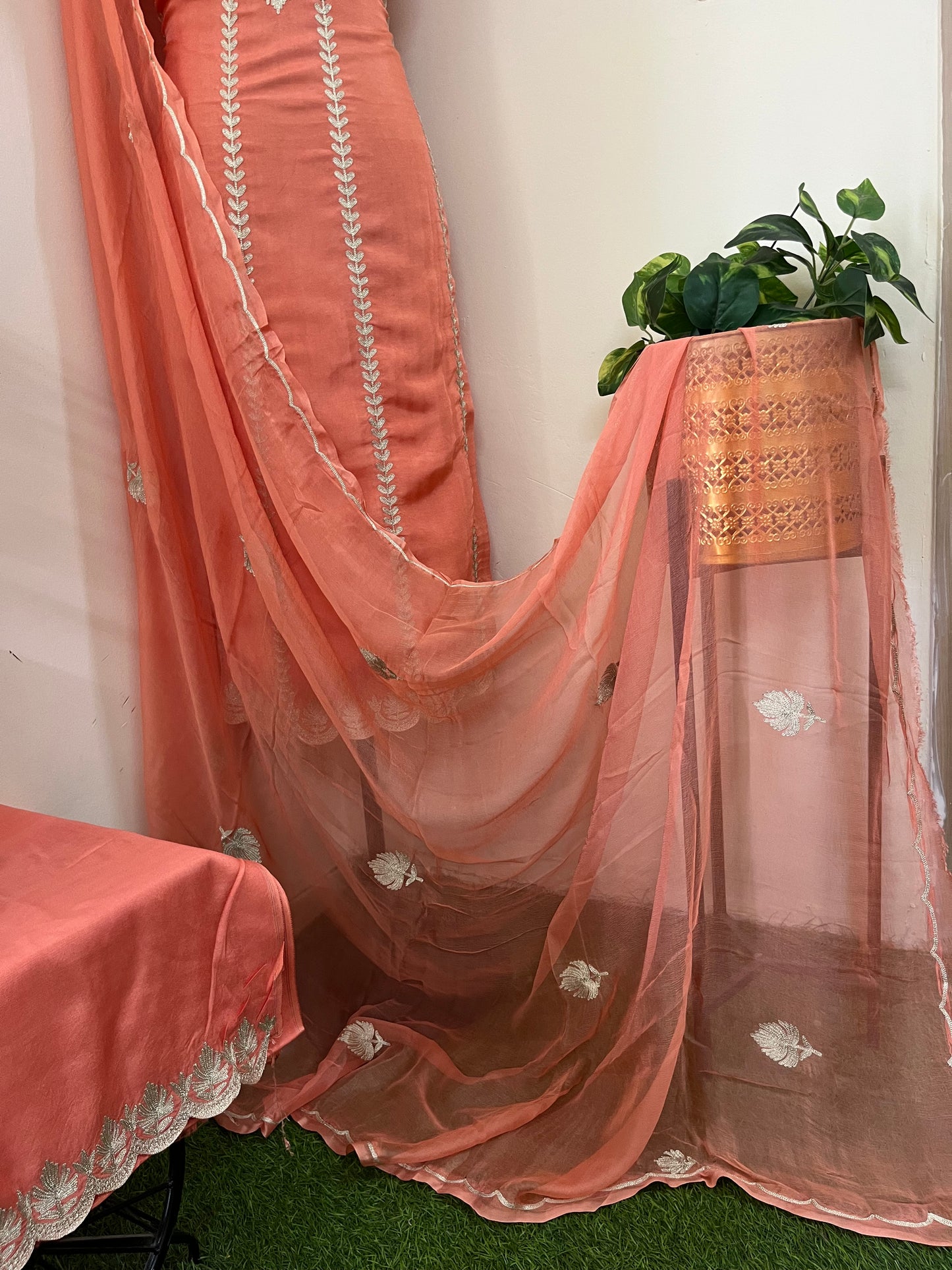 Sanam’ Peach Silk Tilla Embroidered Suit material