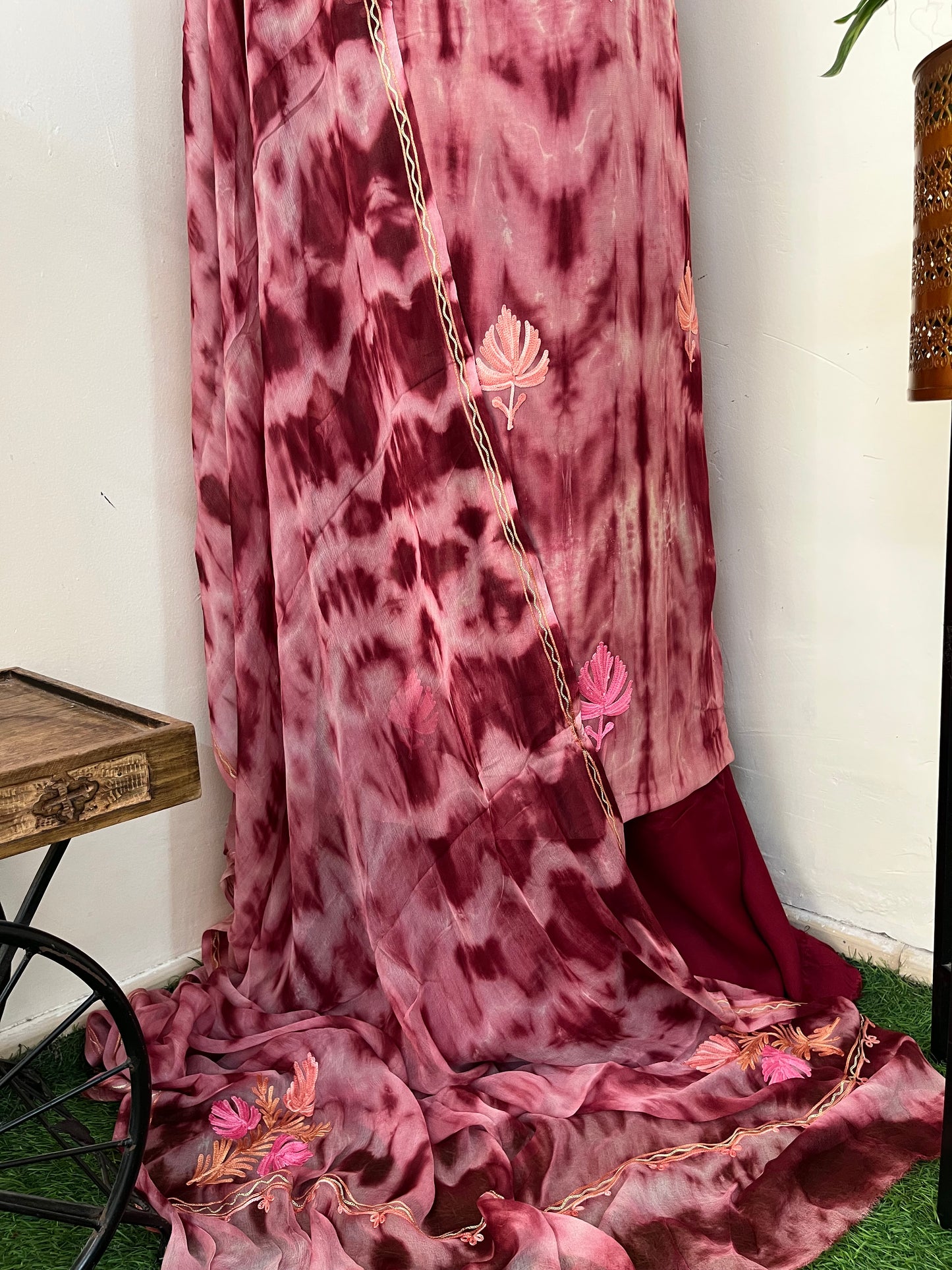 Cherry Red Pure Georgette Ty Dy Kashmiri Suit