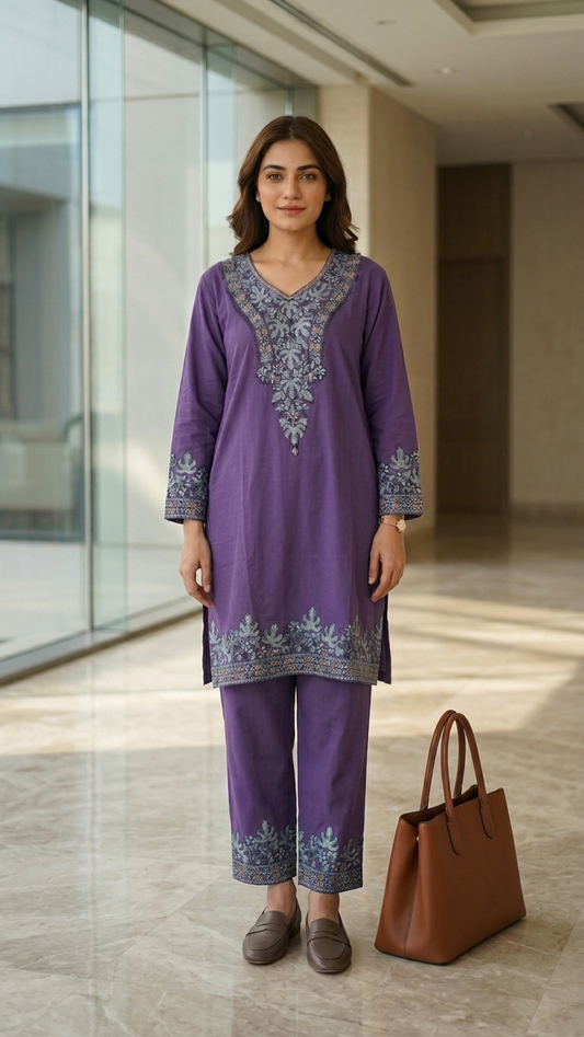 Purple Cotton Stitched Co-ord Set( 44)