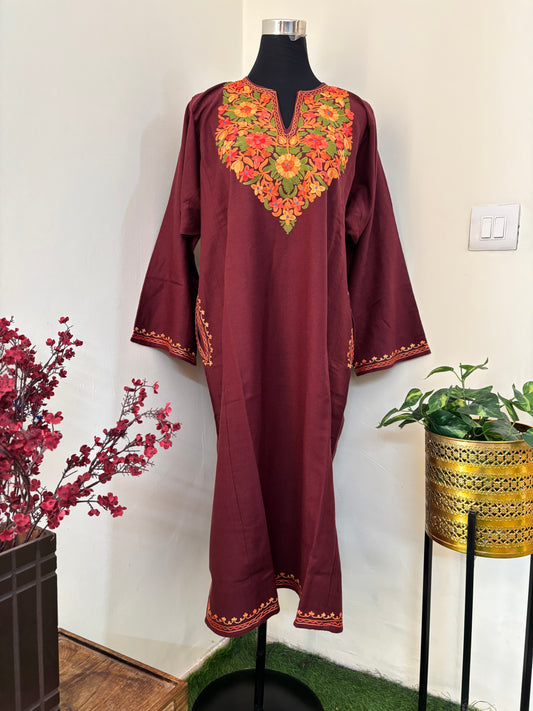 Reddish Brown Aari Embroidered Wool Pheran