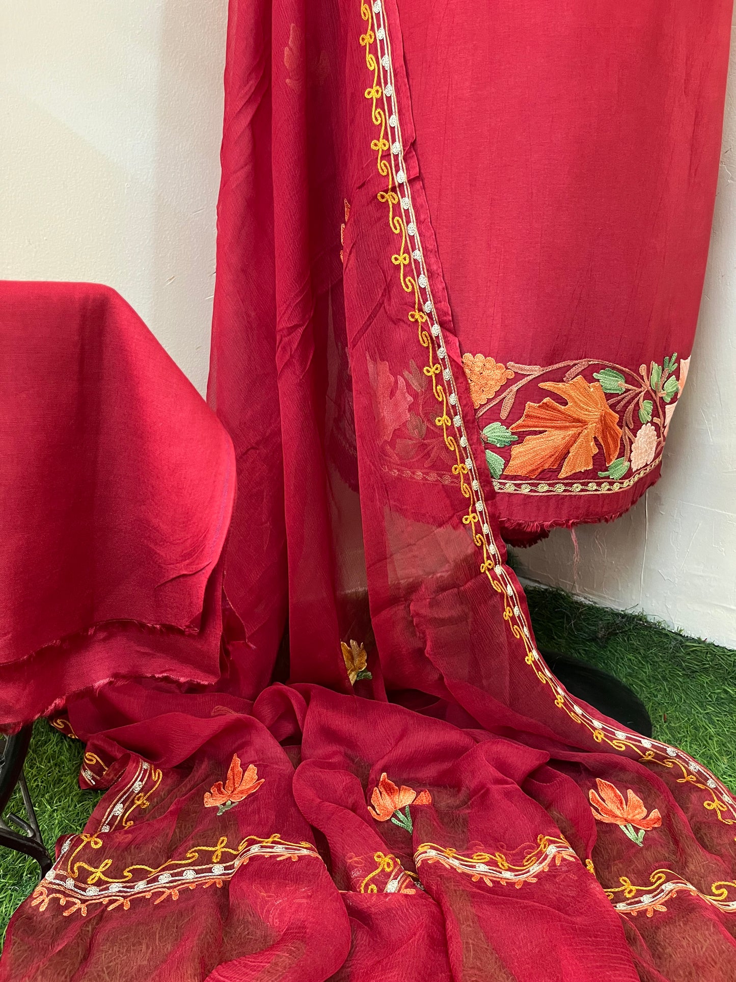 Maroon Opada Silk Aari Embroidered Suit material