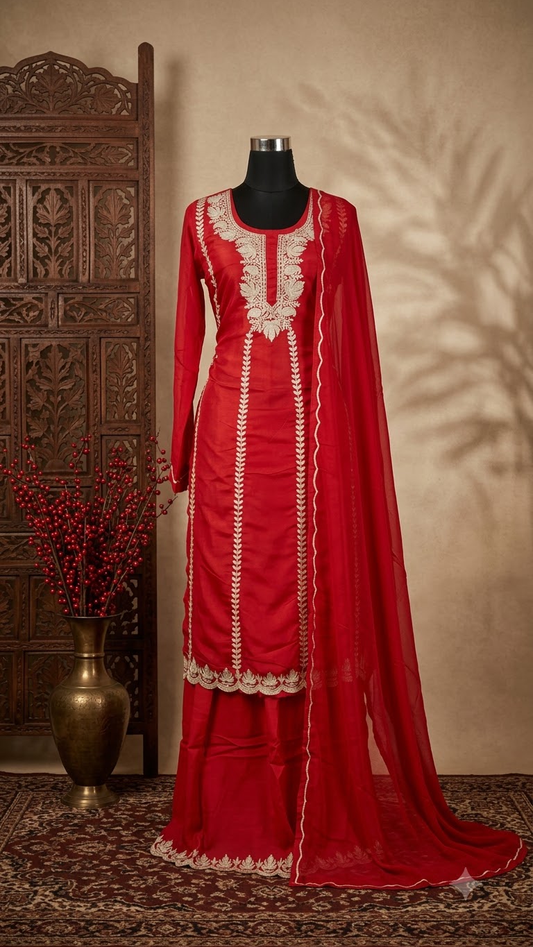 Red Sanam’ Silk Tilla Kashmiri Suit