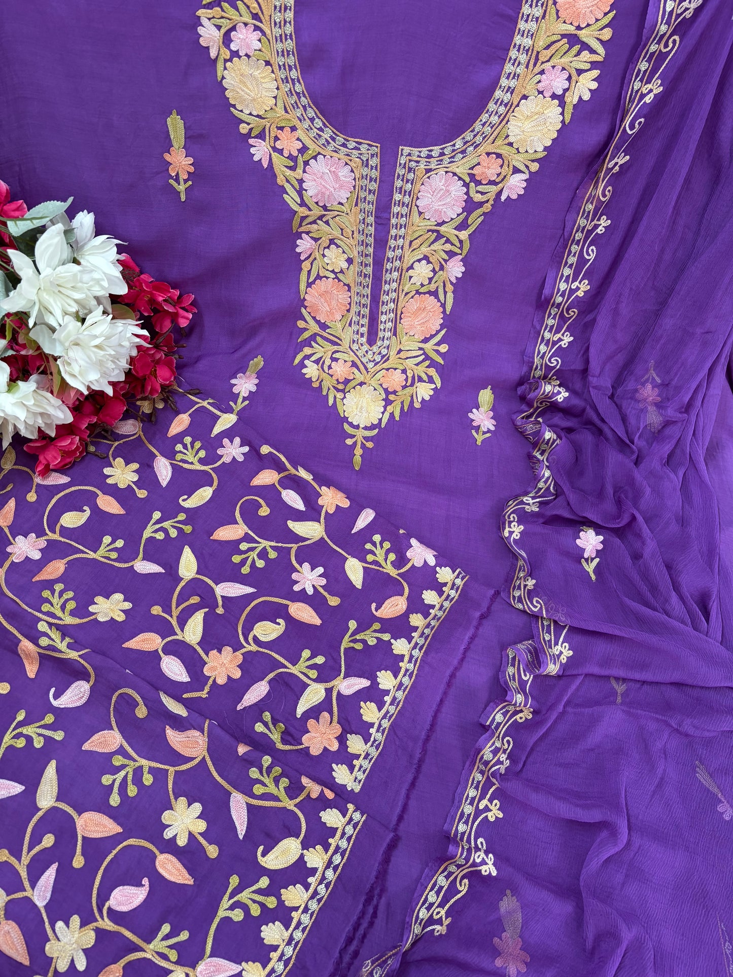 Lilac Muslin Cotton Jaal Sleeves Kashmiri 3pc Suit