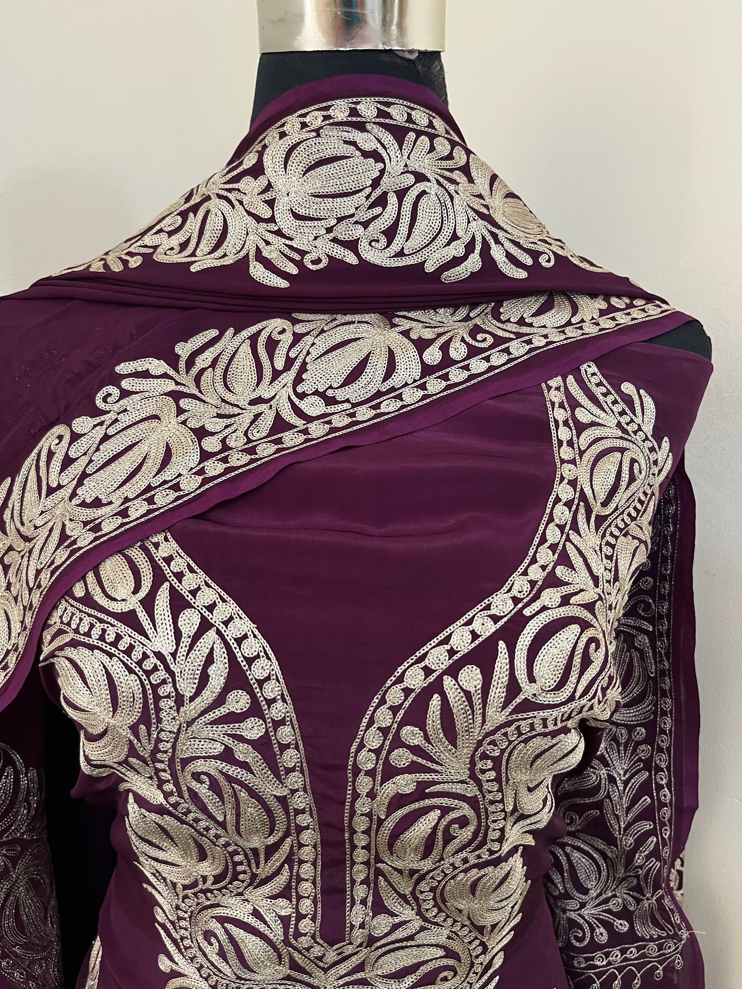 ‘Kalaa’ Wine Crape Kashmiri Suit