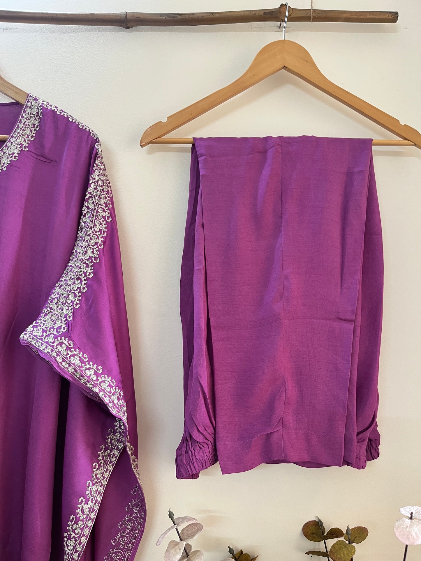 Lavender Cotton Crape Kashmiri Kaftan Set
