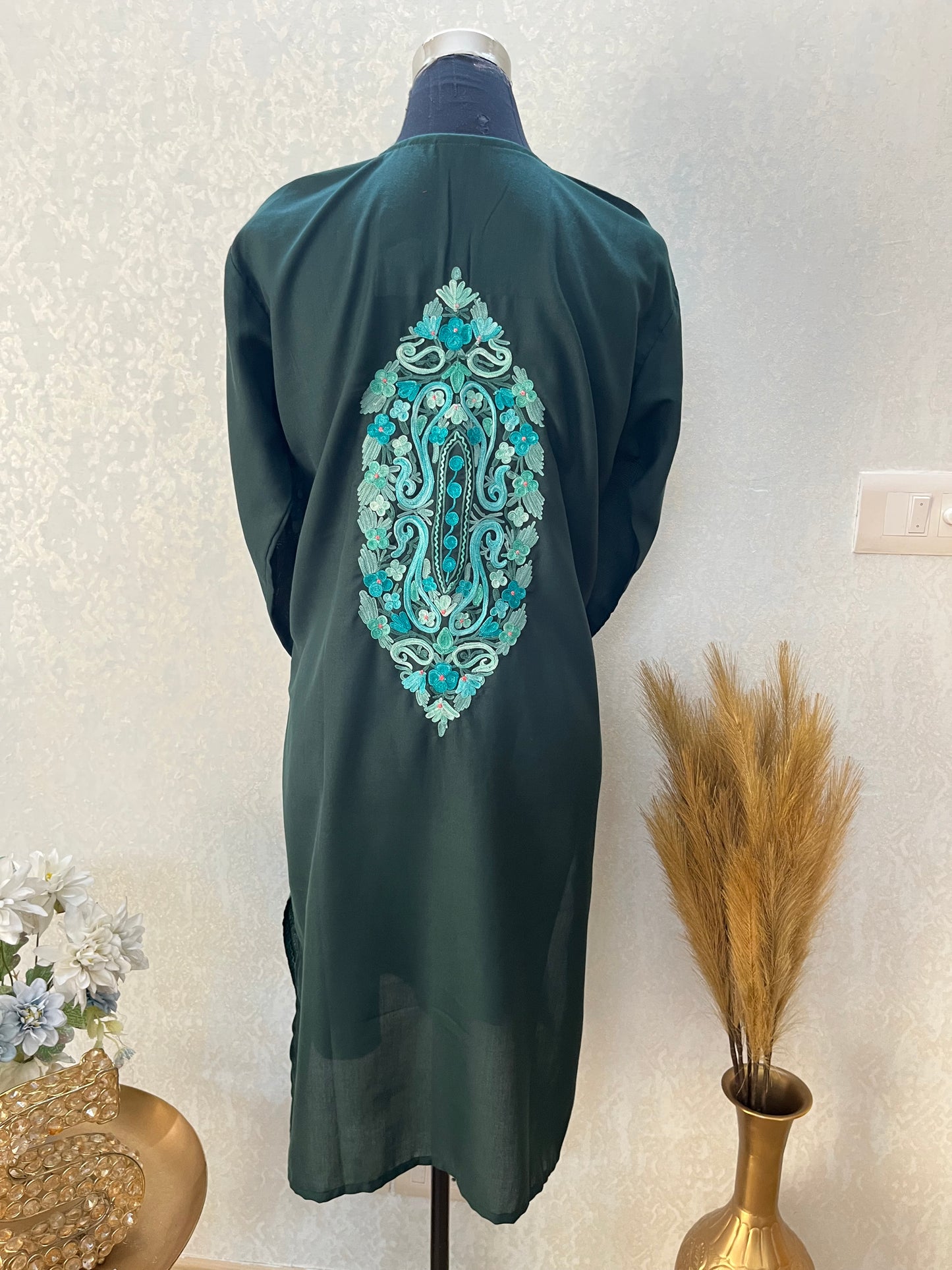 Green Cotton Aari Work Kurta