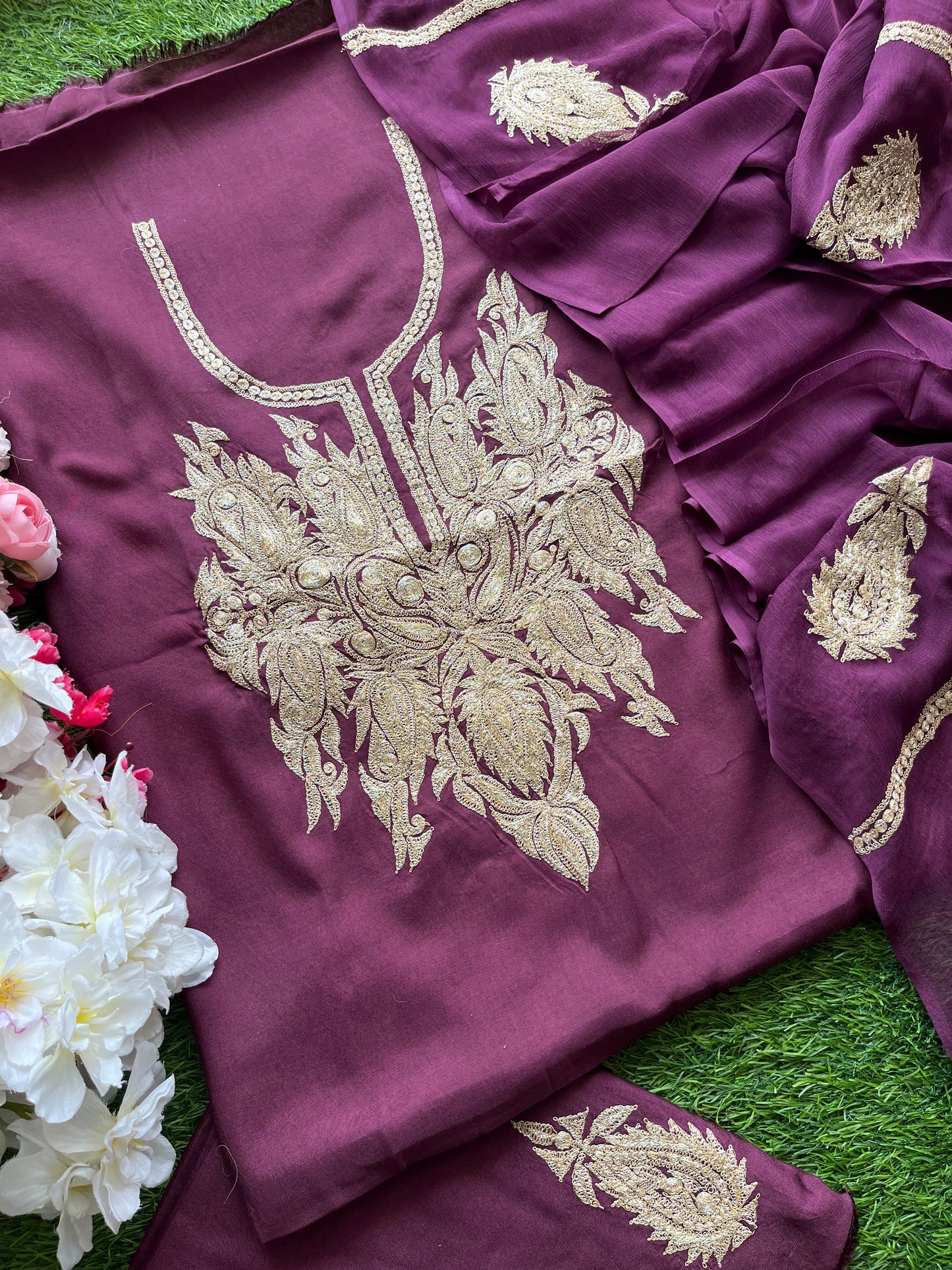 ‘Kalaa’ Wine Muslin Silk Tilla Embroidered Suit material