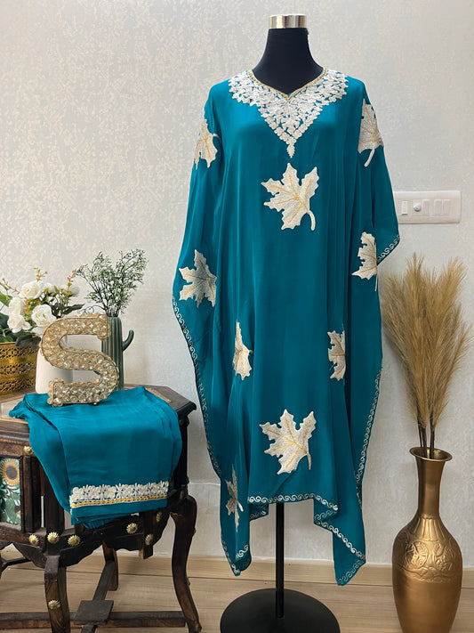 Firozi Crape Kashmiri Kaftan Set