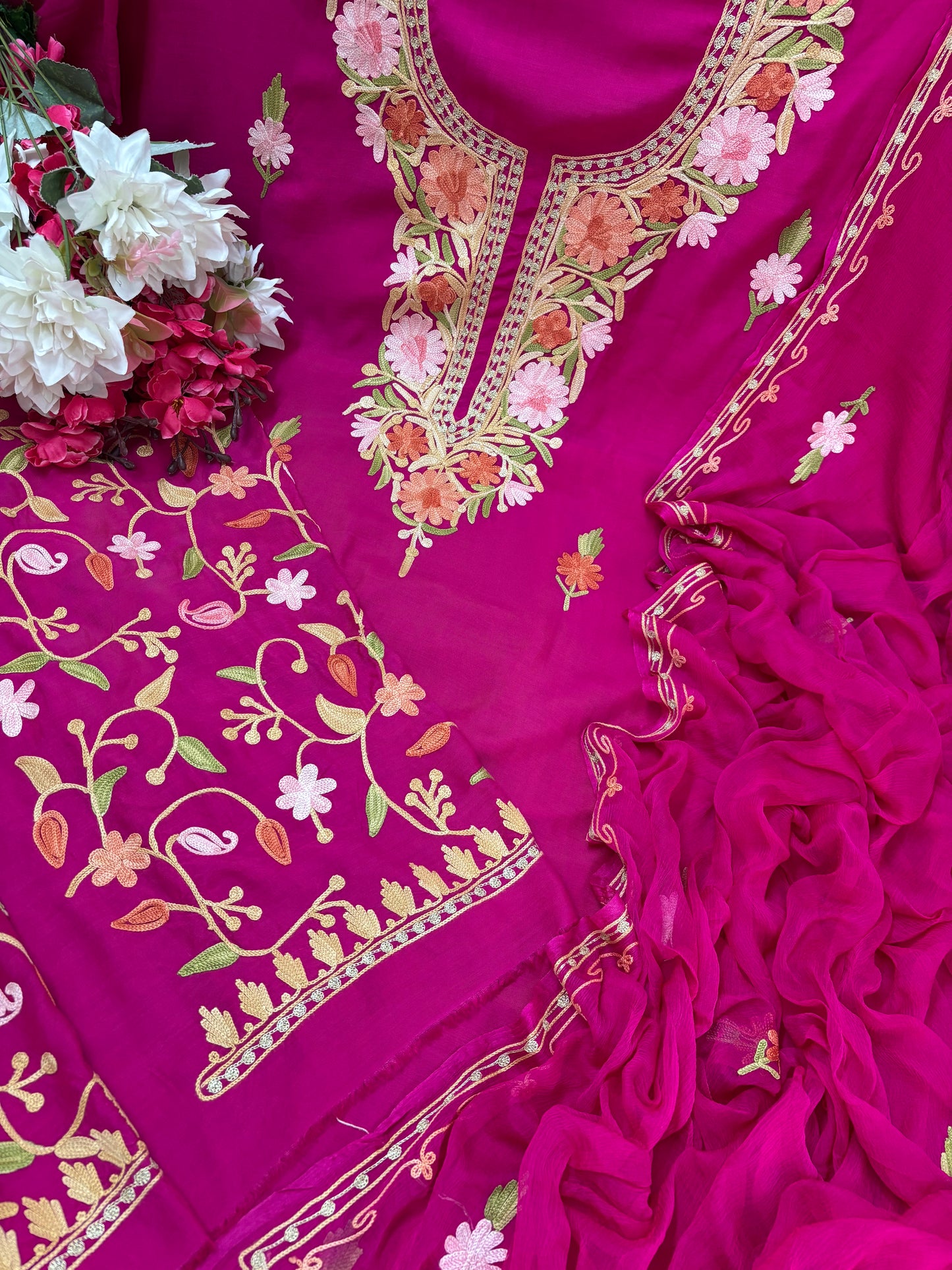 Hot Pink Muslin Cotton Jaal Sleeves Kashmiri 3pc Suit