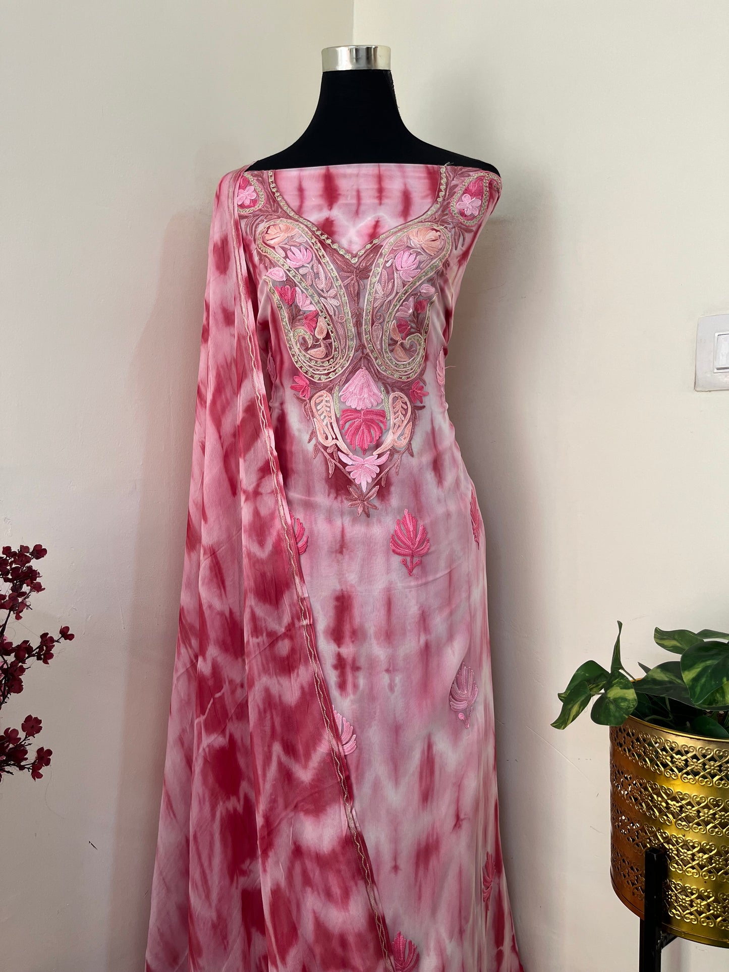 Rose Pink Pure Georgette Ty Dy Kashmiri Suit