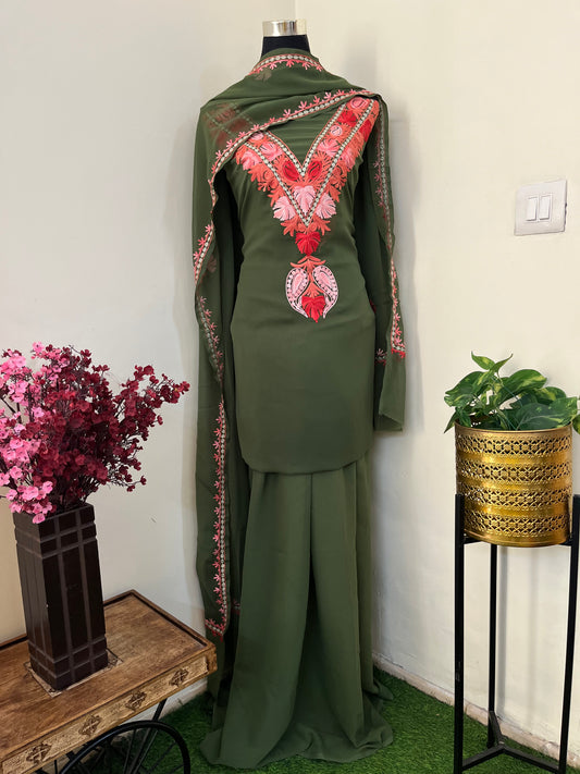 Green Georgette 3 Pc Aari Embroidered Suit Set