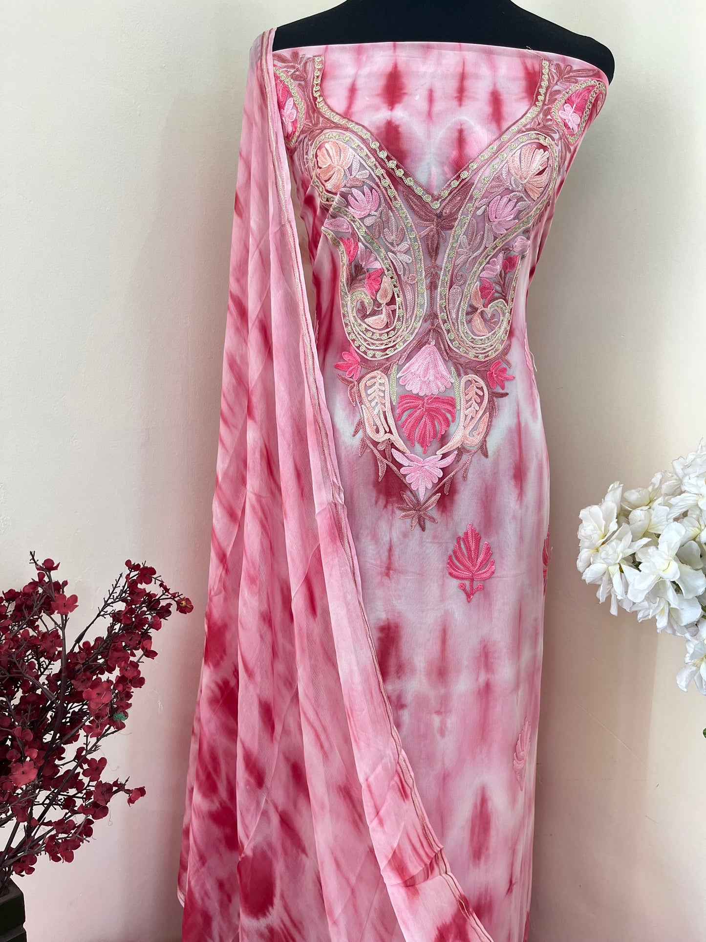 Rose Pink Pure Georgette Ty Dy Kashmiri Suit