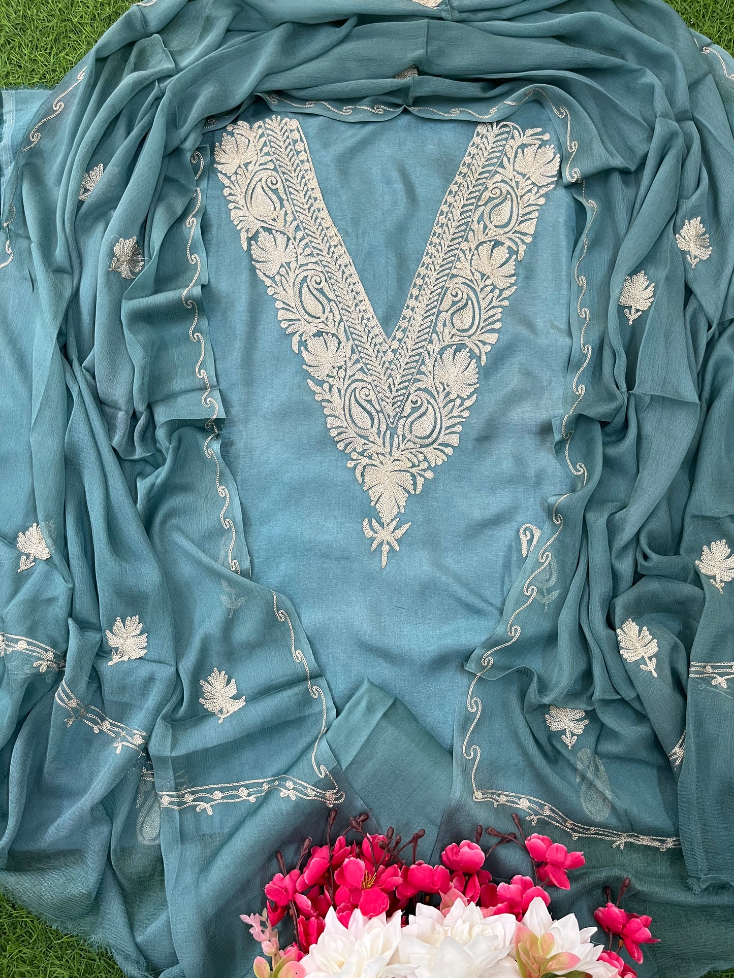 Sanam’ Pastel Blue Silk Tilla Kashmiri Suit