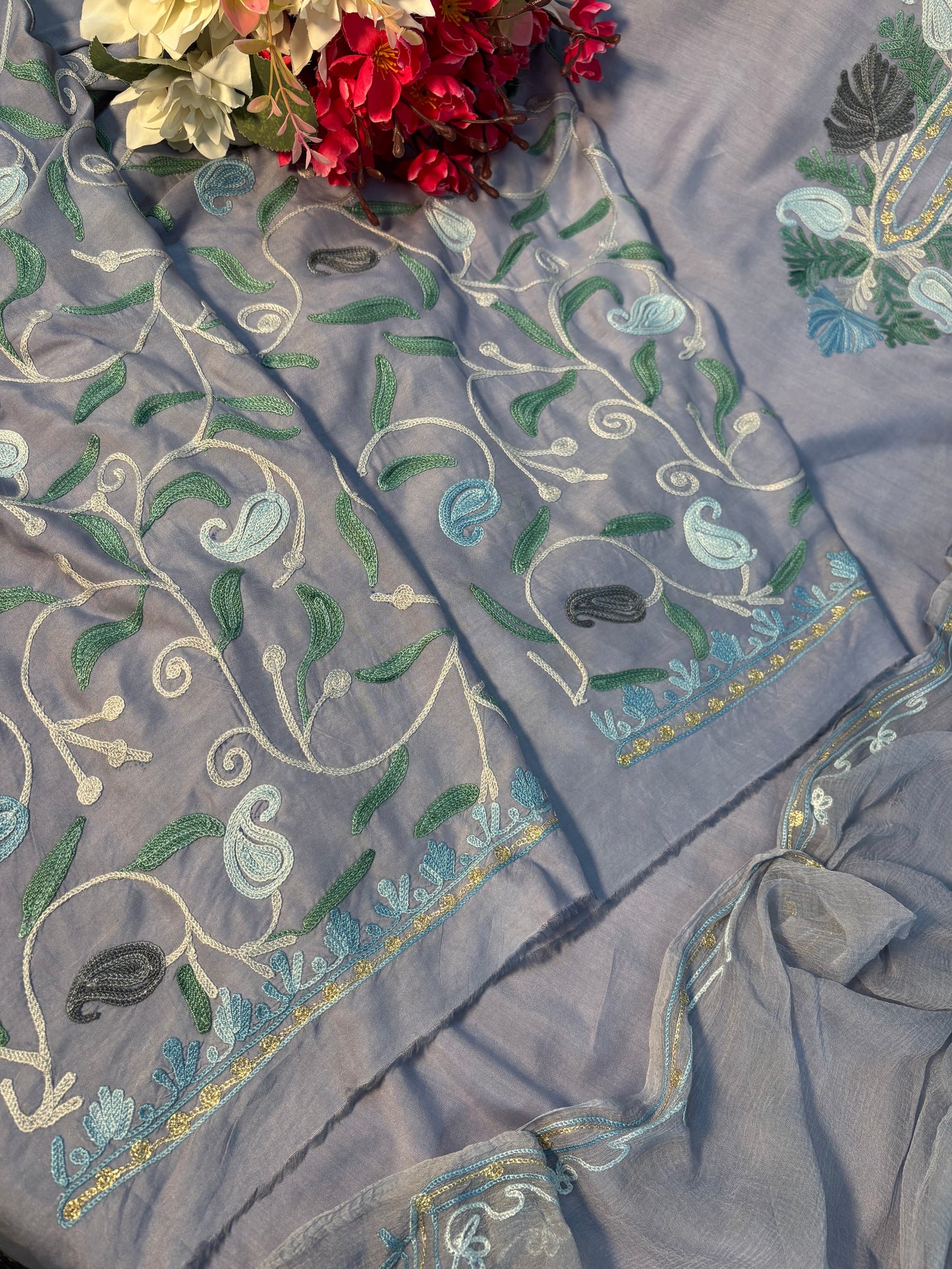 English Grey Muslin Cotton Jaal Sleeves Kashmiri 3pc Suit