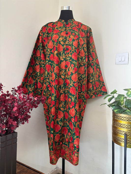 Bottle Green Aari Embroidered Pure Wool Jacket XXL