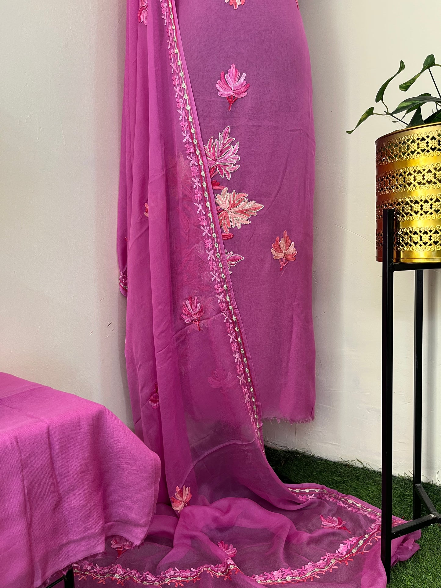 Mauve Pure Georgette Aari Embroidered Suit